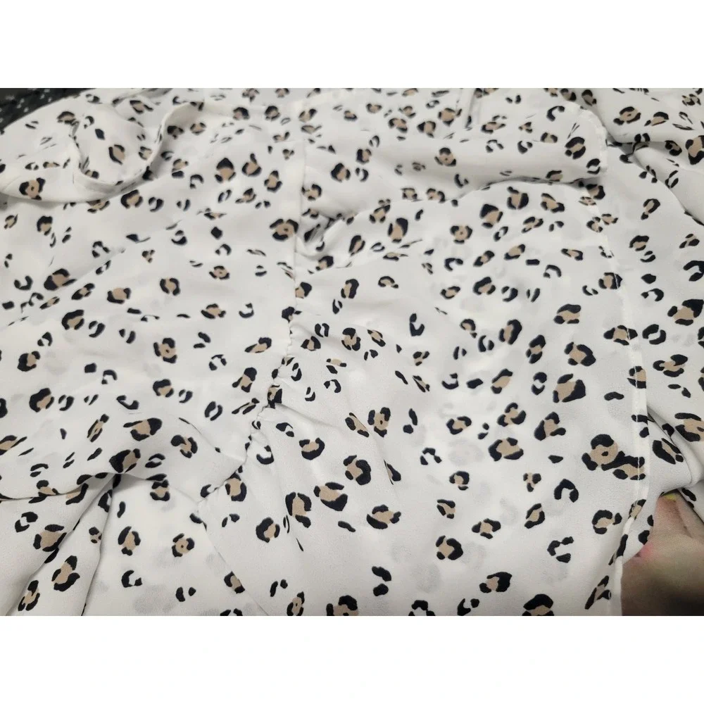 Elle Women XXL Leopard Print Bell Sleeve Blouse White Animal Spot Crew Neck Top